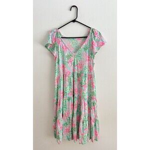 Lilly Pulitzer Kawai Floral Tiered Dress Size L Short Sleeve 100% Cotton V Neck
